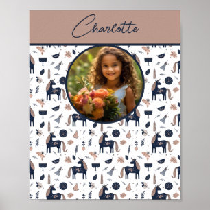 Kids Navy Beige Unicorn Custom Photo with Name Poster