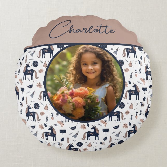 Kids Navy Beige Unicorn Custom Photo with Name Round Cushion (Front)