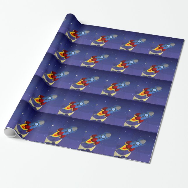 Kids Night Sky Rocket Ship Wrapping Paper (Unrolled)