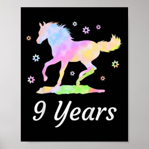Kids Nine Years 9th Birthday Horse Rider Rainbow H Poster