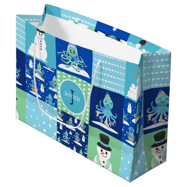 Kids Octopus Winter Sports Patchwork Personalised  Large Gift Bag (Front Angled)