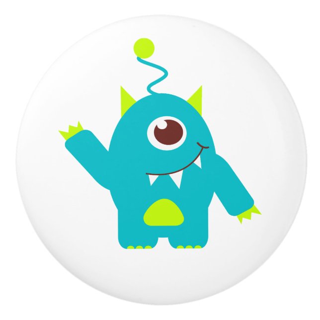Kids one eyed alien aqua draw / doorknob ceramic knob (Front)
