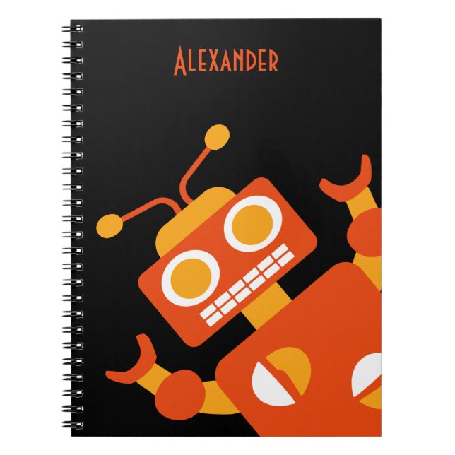 Kids Orange Black Robot Personalised Cool Modern Notebook (Front)