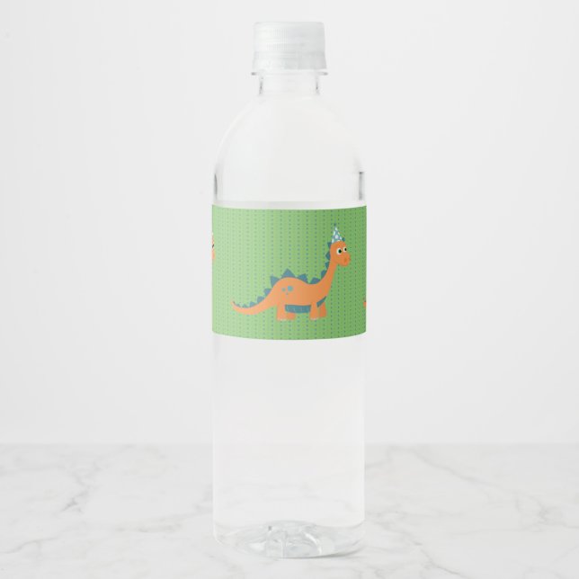 Kids orange dinosaur birthday boy water bottle label (Front)