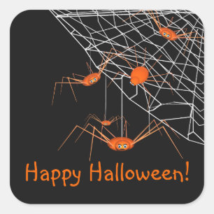 Kids Orange Halloween Spiders Square Sticker