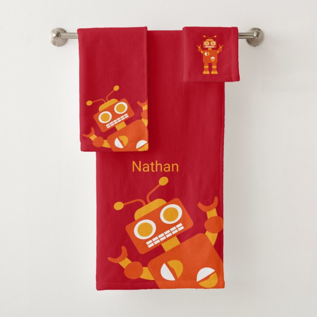 Kids Orange Red Robot Personalised Fun Bath Towel Set (Insitu)