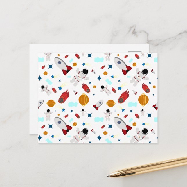 Kid's Outer Space & Astronaut Pattern Postcard (Front/Back In Situ)