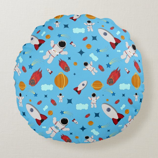 Kid's Outer Space & Astronaut Pattern Round Cushion (Front)