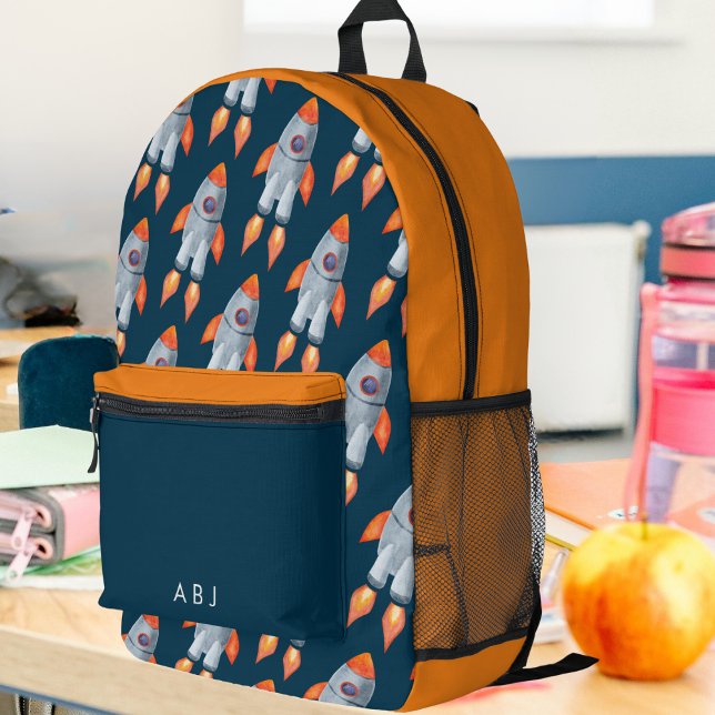 Kids Outer Space Rocket Monogrammed Printed Backpack (Creator Uploaded)