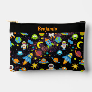 Kids Outer Space Rocket Planet Black Accessory Pouch