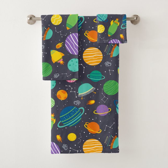 Kids Outer Space Rockets Planets Constellations Bath Towel Set (Insitu)