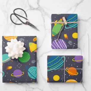 Kids Outer Space Rockets Planets Constellations Wrapping Paper Sheet