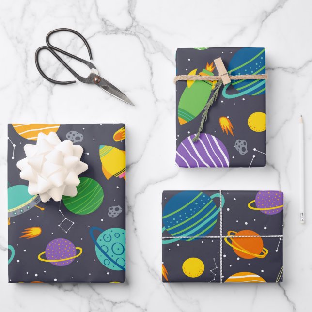 Kids Outer Space Rockets Planets Constellations Wrapping Paper Sheet (Front)