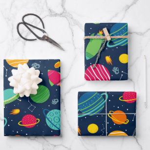 Kids Outer Space Rockets Planets Constellations Wrapping Paper Sheet