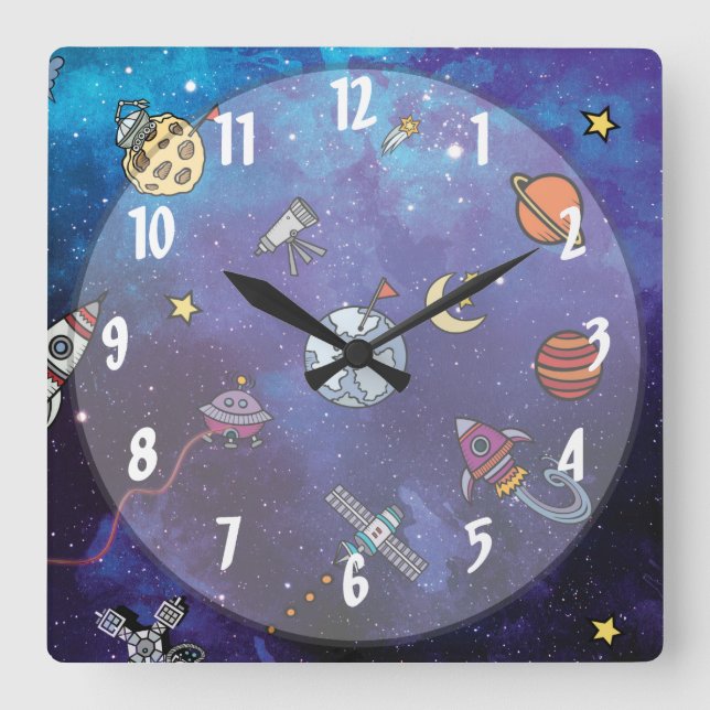 Kids Outer Space Square Wall Clock (Front)
