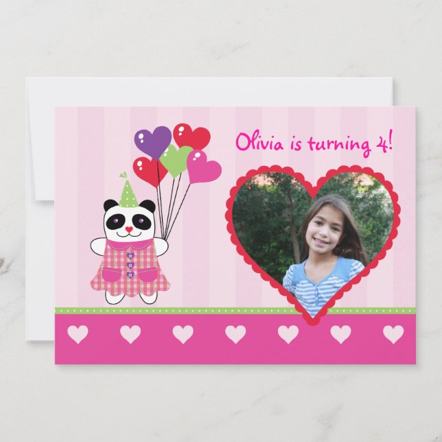Kids Panda Valentine's Birthday Party Photo Invita Invitation (Front)