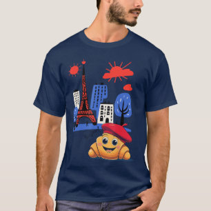 Kids Paris France Croissant with Beret Hello in Fr T-Shirt