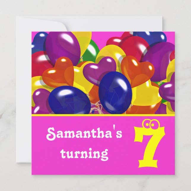 Kids party balloons "hot pink" "any age" invitation (Front)