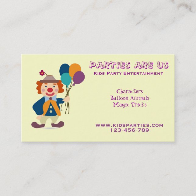 Kids Party planner entertainment freelance Business Card (Front)