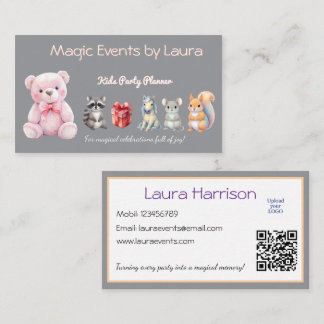 Kids Party Planner Pastel Teddy Bear QR Code Logo Business Card