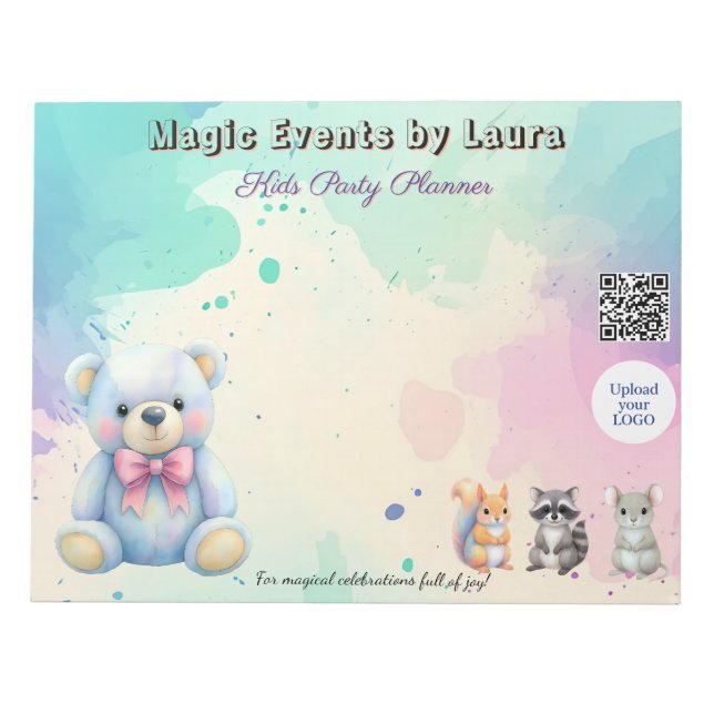 Kids Party Planner Pastel Teddy Bear QR Code Logo Notepad (Front)