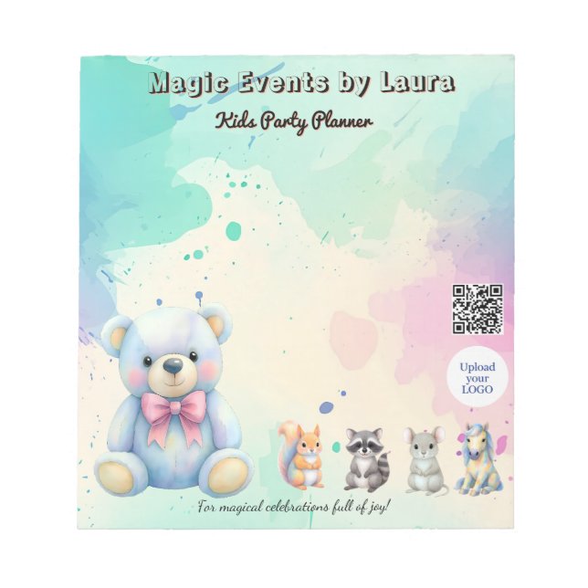 Kids Party Planner Pastel Teddy Bear QR Code Logo Notepad (Front)