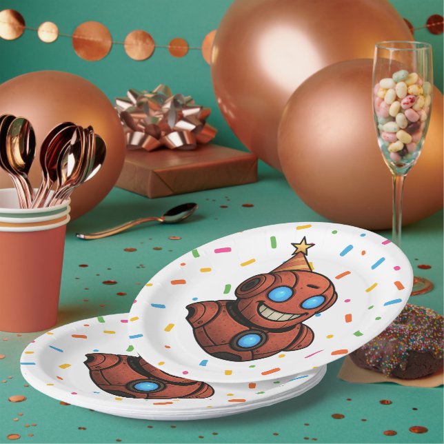 Kids Party Plate – Cute Red Robot with Party Hat  (Multi)