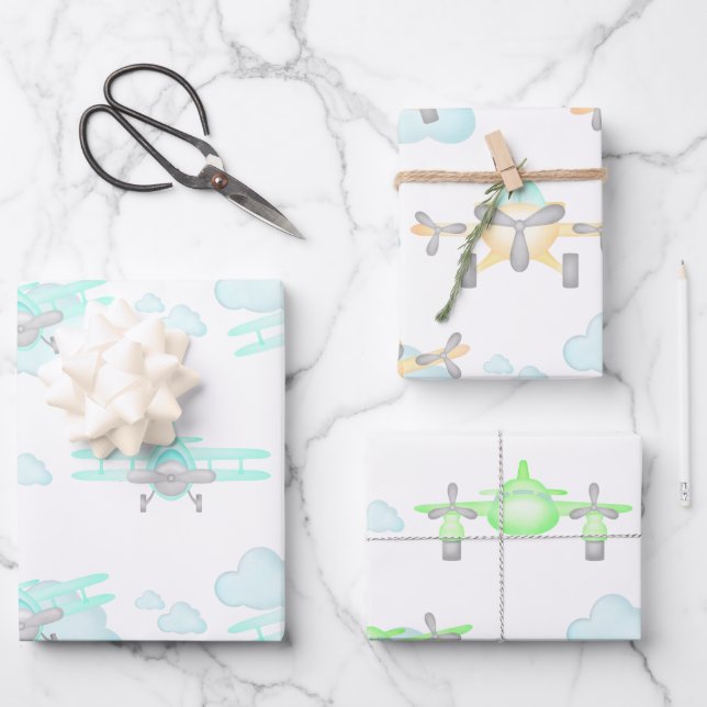Kids Pastel Airplane Flying Aviation Birthday Wrapping Paper Sheet (Front)