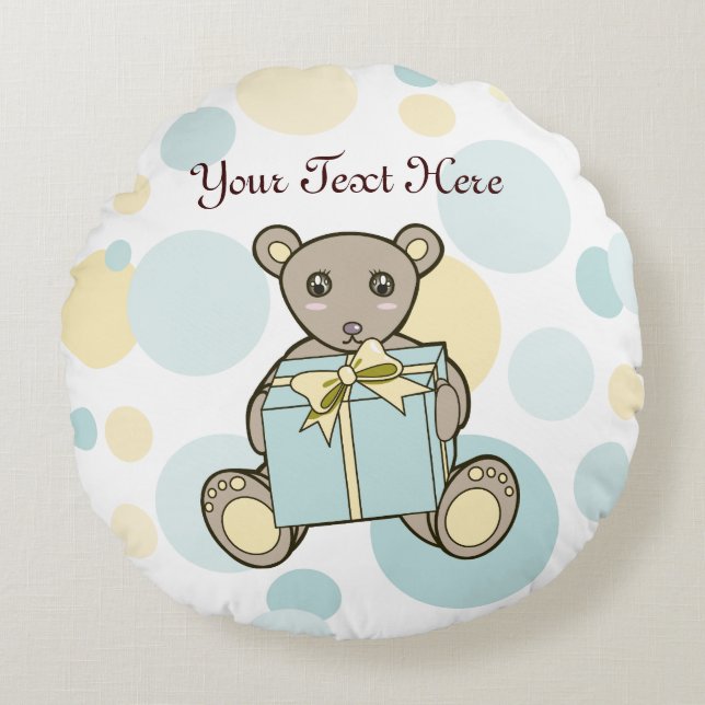 Kids Pastel Blue and Yellow Cute Teddy Bear Round Cushion (Front)