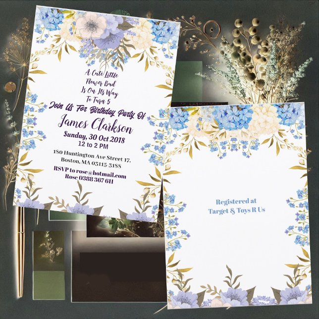 Kids Pastel Blue Little Flower Bud Floral Birthday Invitation (Kids Pastel Blue Little Flower Bud Floral Birthday Invitation)