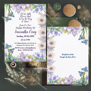 Kids Pastel Blue Little Flower Bud Floral Birthday Invitation