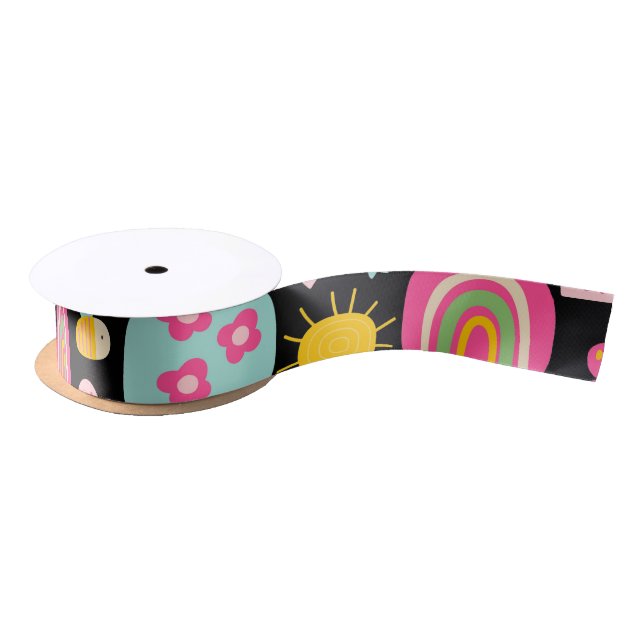Kids Pastel Colours on Black Cute Animals Satin Ribbon (Spool)