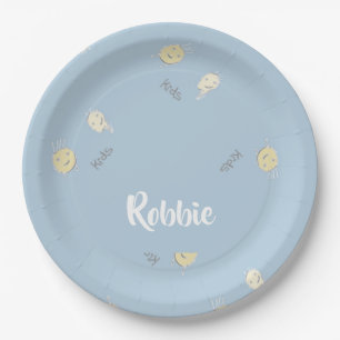 Kids pattern on blue paper plate