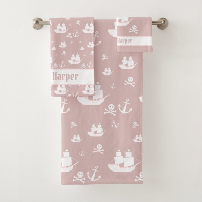 Kids Pattern Pink Personalised Anchor Ship Pirate Bath Towel Set (Insitu)