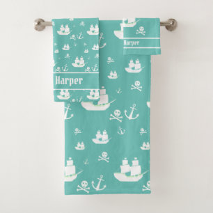 Kids Pattern Teal Personalised Anchor Ship Pirate Bath Towel Set
