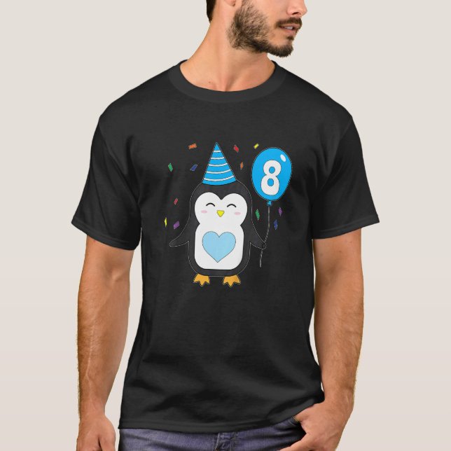 Kids Penguin Balloon 8th Birthday Party Cake Wild  T-Shirt (Front)
