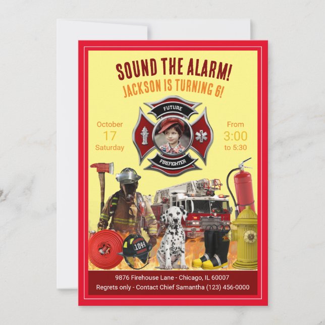 Kids Personalise Photo & Info Firefighter Birthday Invitation (Front)