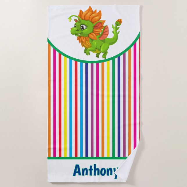 Kids Personalise Playful Green Dragon Beach Towel (Front)
