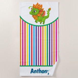 Kids Personalise Playful Green Dragon Beach Towel