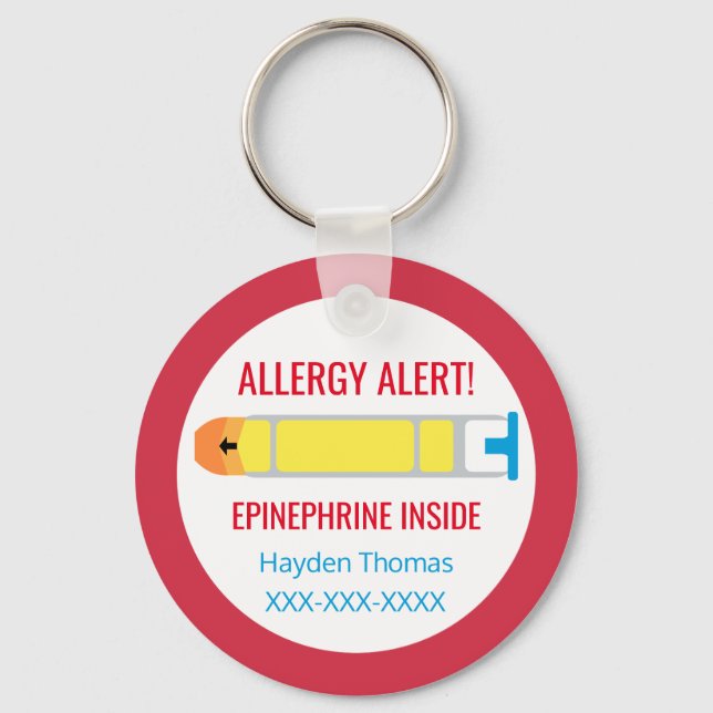 Kids Personalised Allergy Alert Epinephrine Red Key Ring (Front)