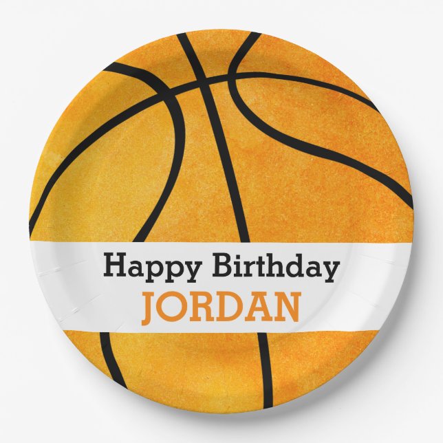 Kids Personalised Basketball Happy Birthday Orange Paper Plate (Front)
