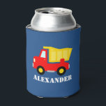 Kids personalised can coolers with toy dump truck<br><div class="desc">Kids personalised can coolers with toy dump truck. Cute beverage holders for children with custon name of child. Funny Birthday party favour for boys and girls. Cosy red dumptruck design in primary colours. Also fun design for cosy baby shower or 1st Birthday celebration. Make your own cancooler for son, nephew...</div>