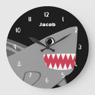 Kids Personalised Cute Grey Shark Black and White Large Clock