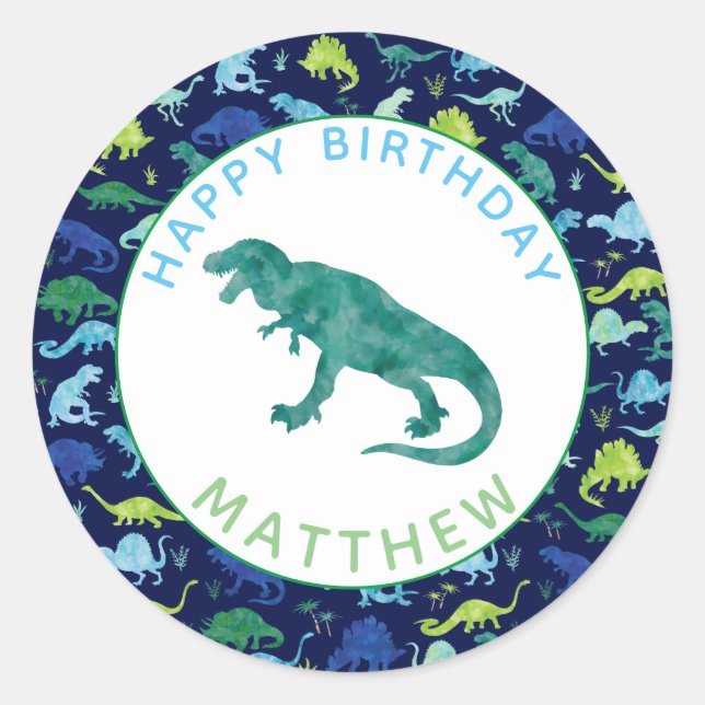 Kids Personalised Dinosaur Birthday Party Pattern Classic Round Sticker (Front)