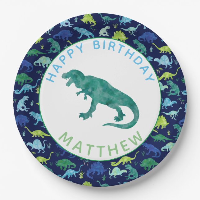 Kids Personalised Dinosaur Birthday Party Pattern Paper Plate (Front)