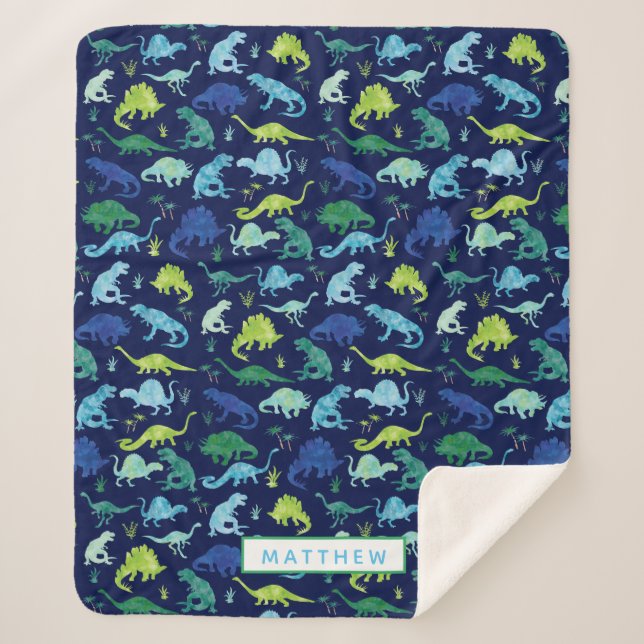 Kids Personalised Dinosaur Blue Green Boys Pattern Sherpa Blanket (Front)