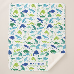 Kids Personalised Dinosaur Blue Green White Boys Sherpa Blanket