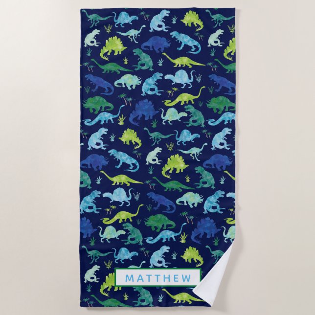 Kids Personalised Dinosaur Blue Watercolor Beach Towel (Front)