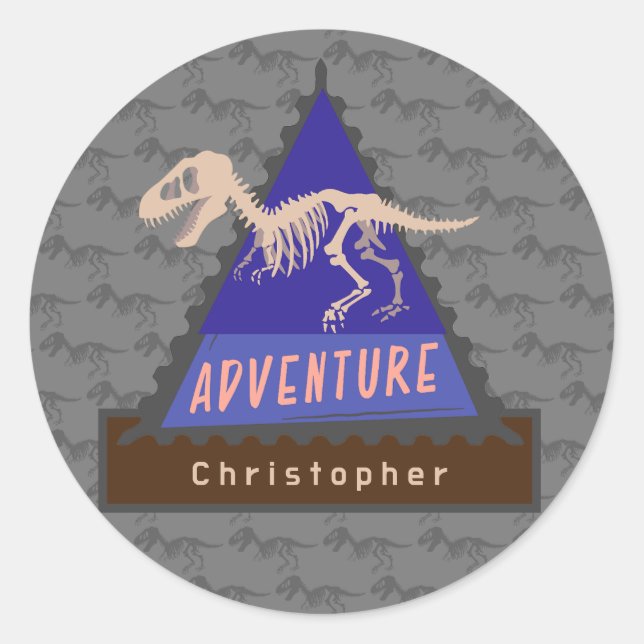 Kids Personalised Dinosaur boys Adventure Classic Round Sticker (Front)