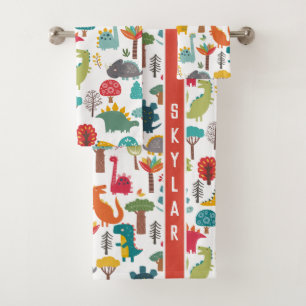 Kids Personalised Dinosaur Forest Colourful Bath Towel Set